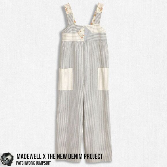 MADEWELL X THE NEW DENIM PROJECT PATCHWORK OVERALL JUMPSUIT BLUE RAILROAD STRIPE - Picture 1 of 16
